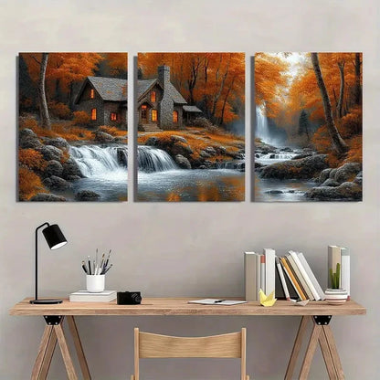3pcs Cozy Cottage Stream with Waterfall Autumn Wall Art Set Canvas Framed 40x60cm - High Quality Print 100% Australian Made Wall Canvas Ready to Hang