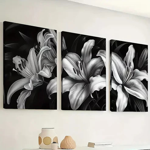 3pcs Modern Minimalist Black And White Floral Wall Art Set Canvas Unframed - High Quality Print 100% Australian Made Wall Canvas