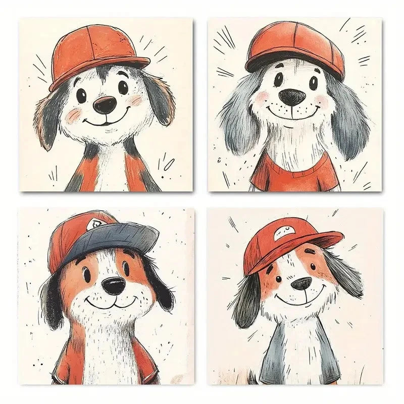 4pcs  Cute Dog Poster  Wall Art Canvas Framed