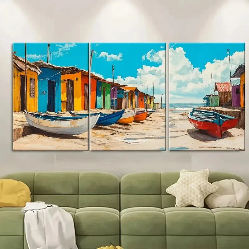 3pcs Ecuador Coastal Village Painting Canoa Metal Print Ready to Hang Art