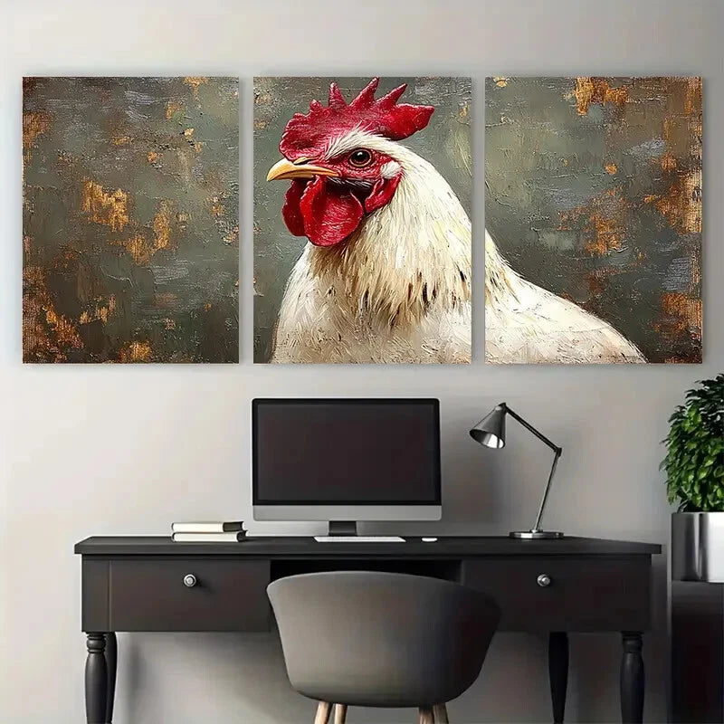 3pcs White Rooster Bird Farm Animals Illustration Metal Print Ready to Hang Art