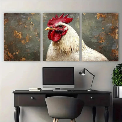 3pcs White Rooster Bird Farm Animals Illustration Metal Print Ready to Hang Art
