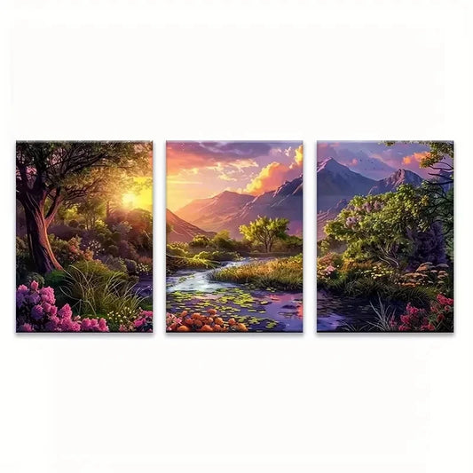 3pcs Sunset Mountains Floral Stream Valley Metal Print Ready to Hang Art