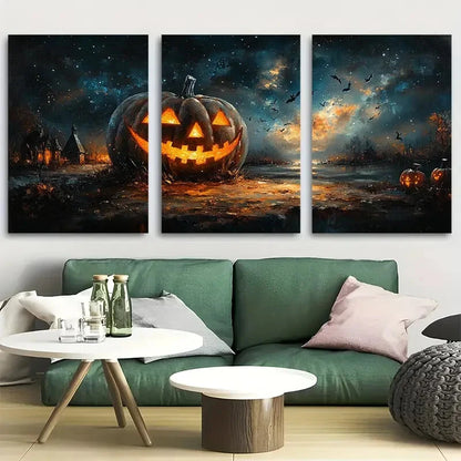 3pcs Starry Night Pumpkin Design Metal Print Ready to Hang Art