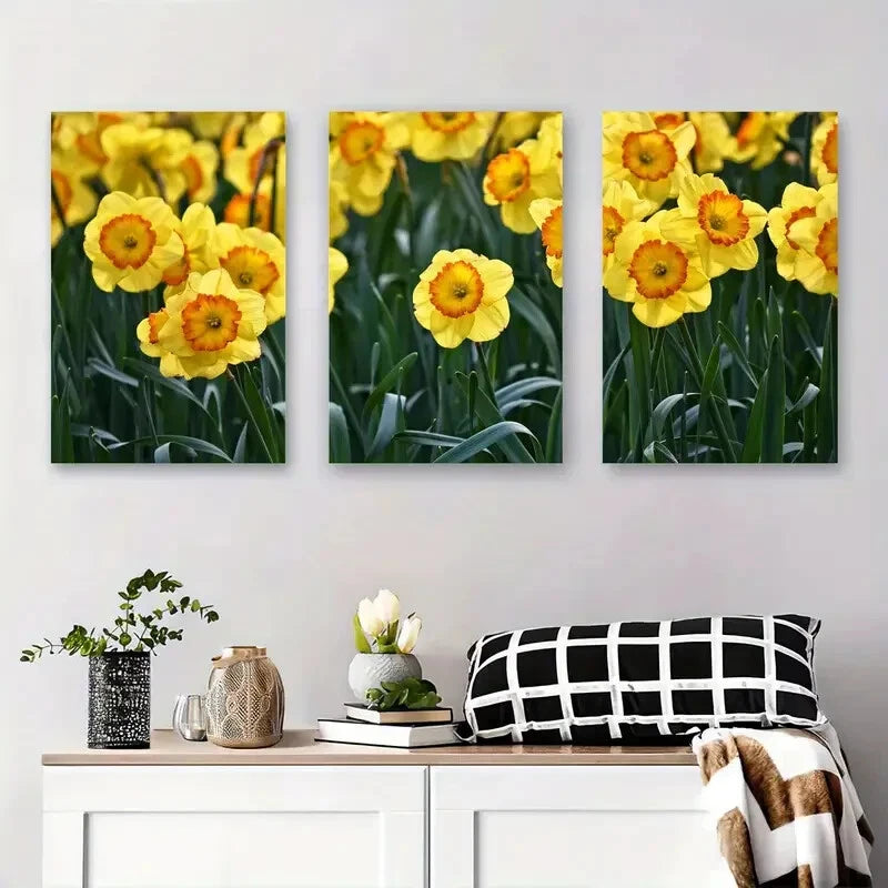 3pcs Yellow Daffodil Flower Bright Spring Floral Metal Print Ready to Hang Art