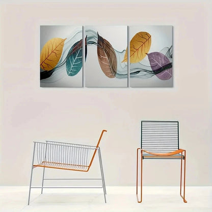 3pcs Modern Abstract Leaf Golden Blue Purple Metal Print Ready to Hang Art