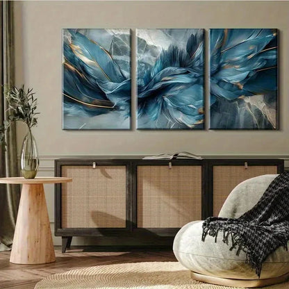 3pcs Elegant Blue and Golden Feather Painting Metal Print Ready to Hang Art