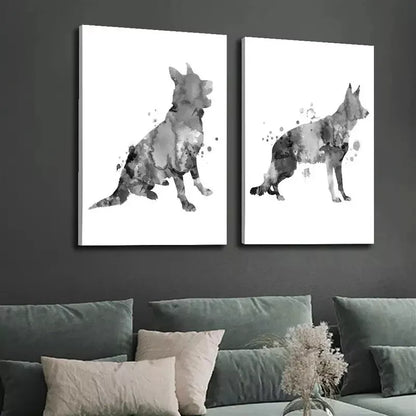 2pcs Black And White Ink Shepherd Dog Canvas Framed 50x75cm - High Quality Print 100% Australian Made Wall Canvas Ready to Hang - Bella Home Decor