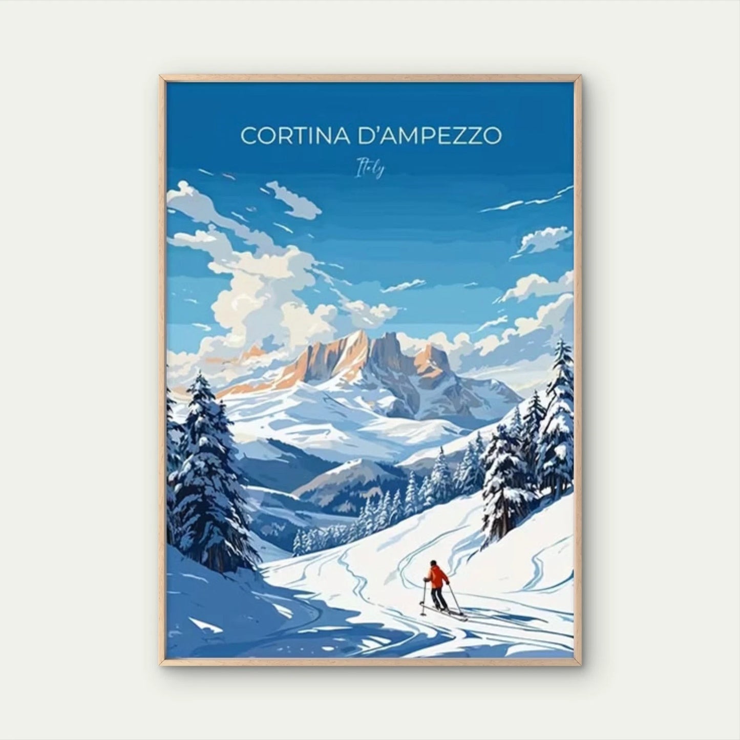 Cortina d'Ampezzo Vibrant Winter Ski Scene Travel Poster Print Wall Art