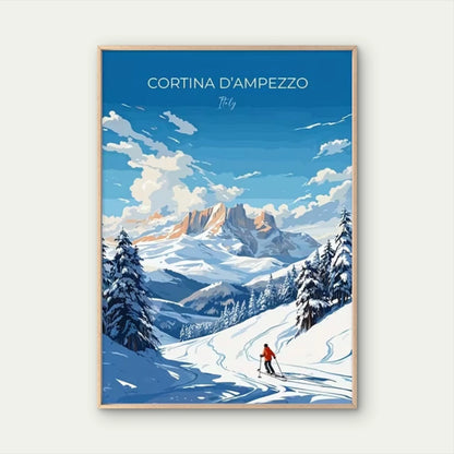 Cortina d'Ampezzo Vibrant Winter Ski Scene Travel Poster Print Wall Art