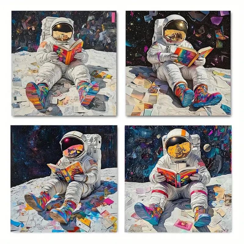 4pcsAstronaut Reading in SpaceWall Art Canvas Framed