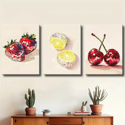 3pcs Cherry, Lemon and Strawberry  Metal Print Ready to Hang Art