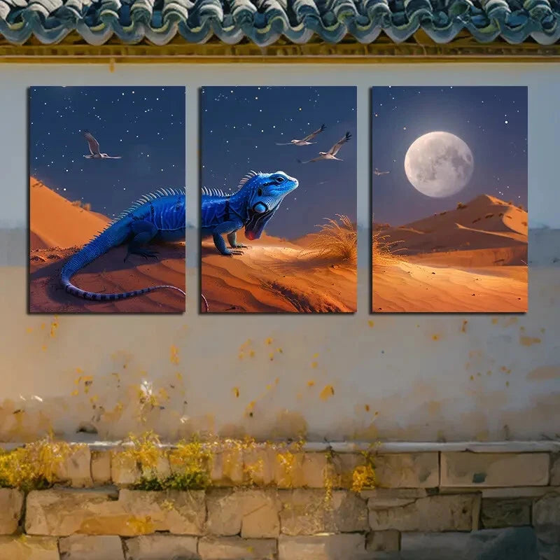 3pcs Charming Lizards & Birds with Moon View Metal Print Ready to Hang Art