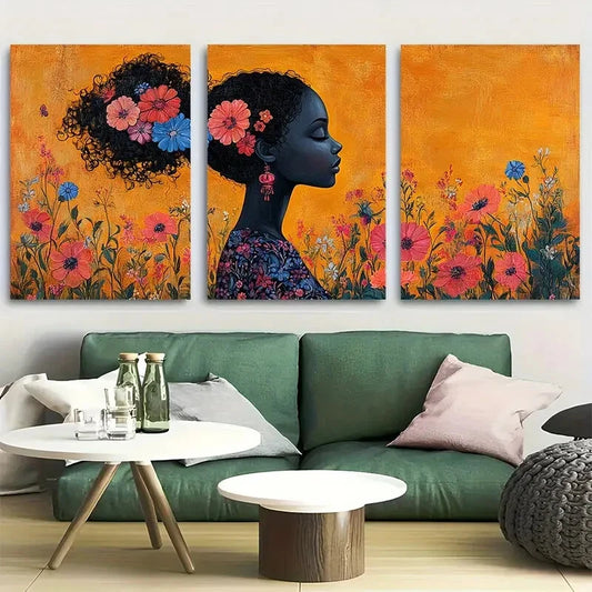3pcs Vibrant Female Silhouette with Florals Metal Print Ready to Hang Art