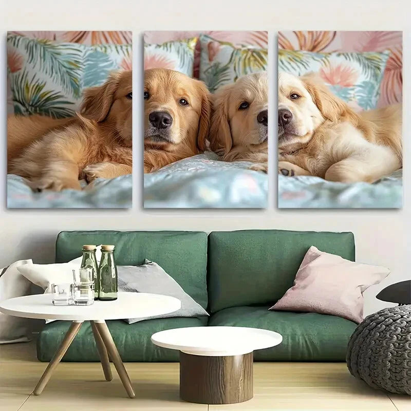 3pcs Golden Retriever Couple in Bed Metal Print Ready to Hang Art