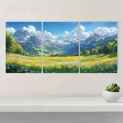 3pcs Alpine Meadows & Mountain Valley Landscape Metal Print Ready to Hang Art