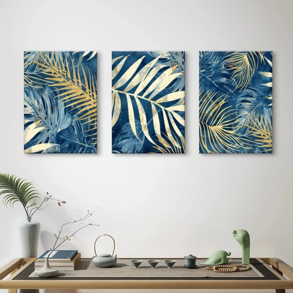 3pcs Modern Abstract Blue and Gold Palm Leaves Wall Art Set Canvas Framed 40x60cm - High Quality Print 100% Australian Made Wall Canvas Ready to Hang