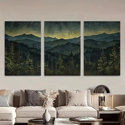 3pcs Dark Forest Mountain Range Triptych Metal Print Ready to Hang Art