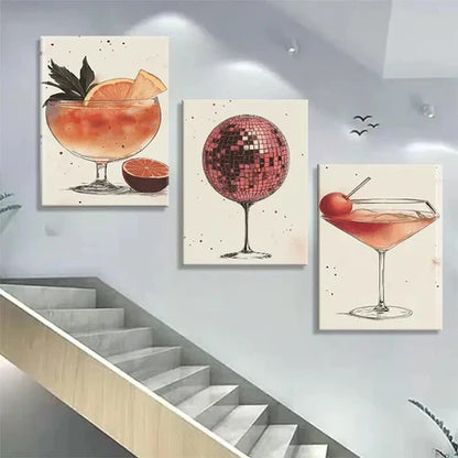 3pcs Cocktail Disco Ball Martini Glass Perfect Wall Art Canvas Unframed - High Quality Print 100% Australian Made Wall Canvas