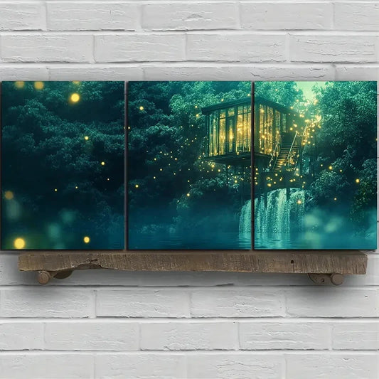3pcs Waterfall & Treehouse Design Metal Print Ready to Hang Art