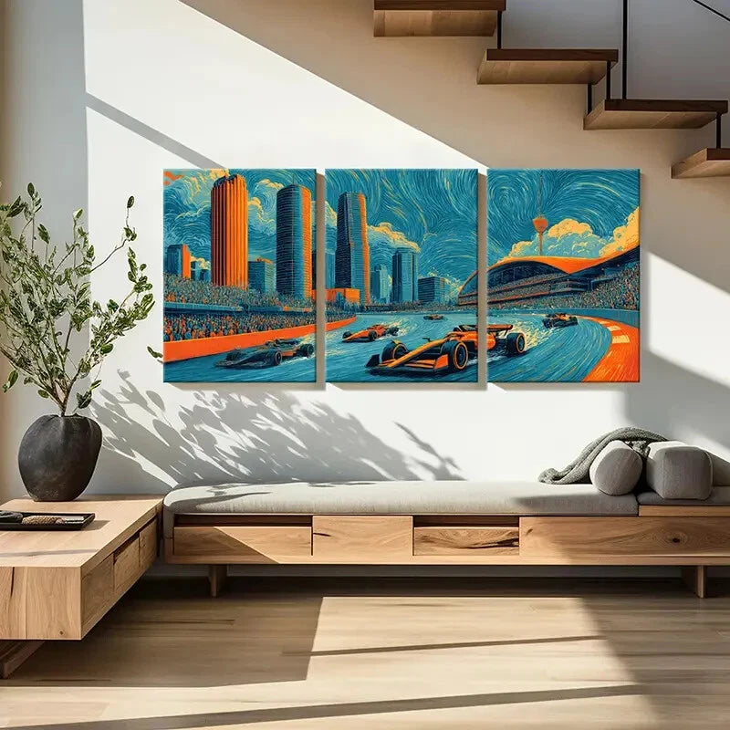3pcs Cityscape Racing Art Formula One Cars Metal Print Ready to Hang Art