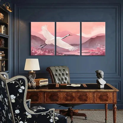 3pcs Elegant White Crane Mountain Landscape Pink Metal Print Ready to Hang Art