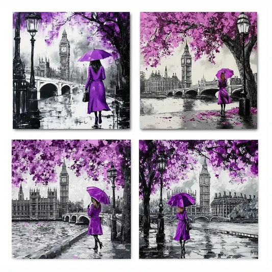 4pcsPurple Tree & Big Ben Scene,Wall Art Canvas Framed