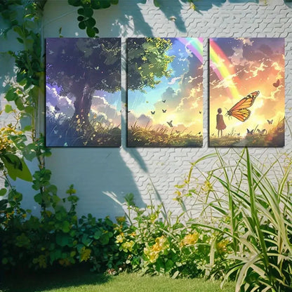 3pcs Vibrant Butterfly Girl with Rainbow View Metal Print Ready to Hang Art
