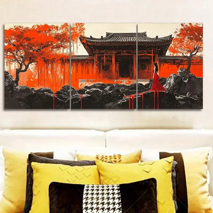 3pcs Red Tree & Woman in Red Dress Metal Print Ready to Hang Art