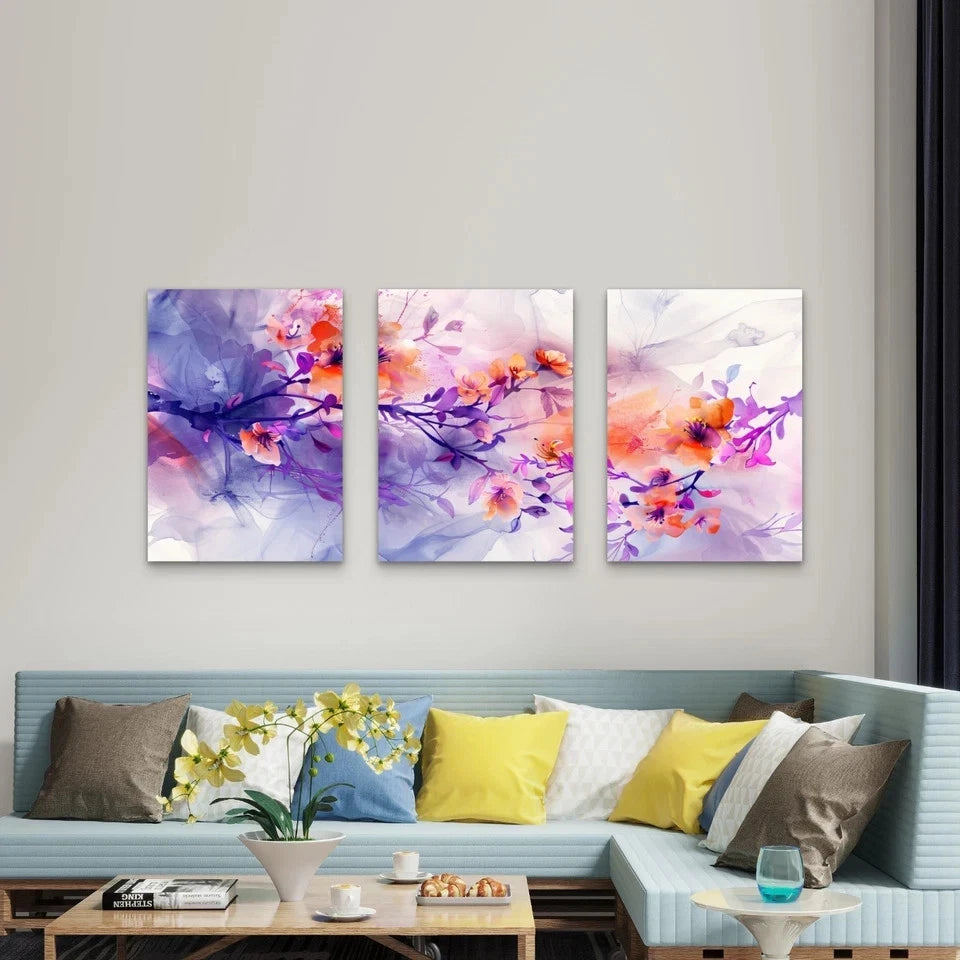 3pcs Vibrant Purple Orange Watercolor Floral Wall Art Set Canvas Framed 50x70cm - High Quality Print 100% Australian Made Wall Canvas Ready to Hang