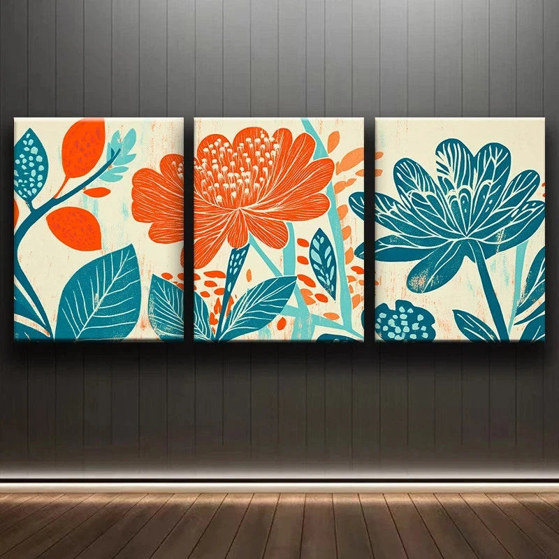 3pcs Vintage Orange Floral Painting Metal Print Ready to Hang Art