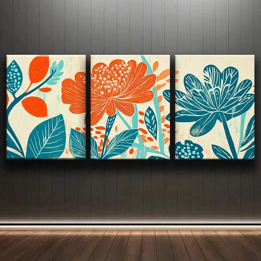 3pcs Vintage Orange Floral Painting Metal Print Ready to Hang Art