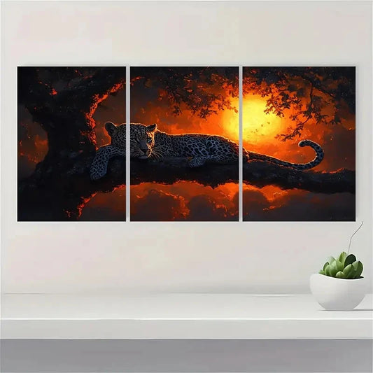 3pcs Leopard at Sunset Tree Metal Print Ready to Hang Art