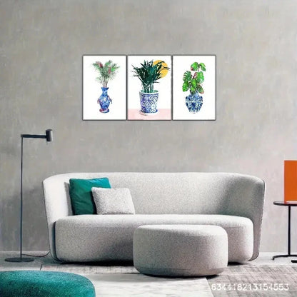 3pcs Blue and White Porcelain and Plant Metal Print Ready to Hang Art