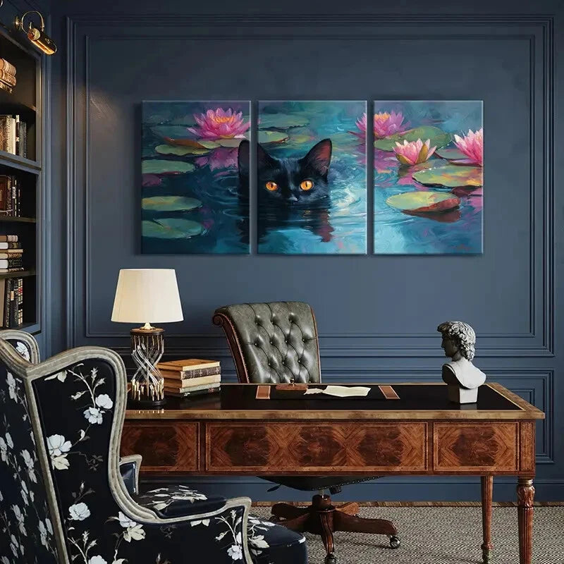 3pcs Black Cat Glowing Eyes Water Lilies Metal Print Ready to Hang Art