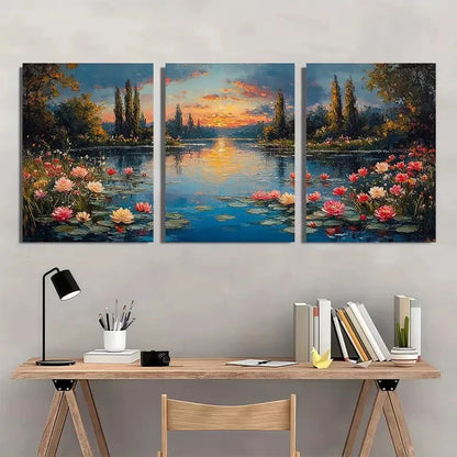 3pcs Serene Garden Scene with Lilies & Sunset Metal Print Ready to Hang Art