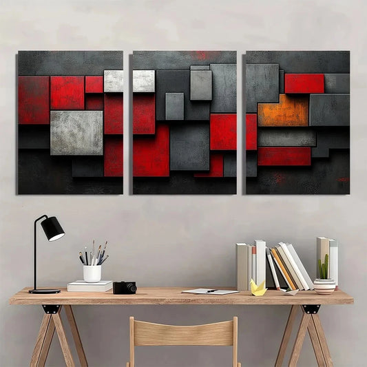 3pcs Abstract Blocks Red Black Gray & White Metal Print Ready to Hang Art
