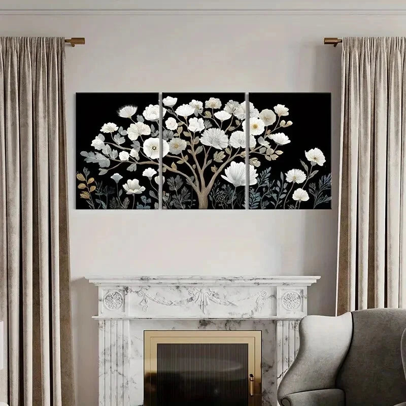 3pcs White Floral Art Abstract Blossom Design Metal Print Ready to Hang Art