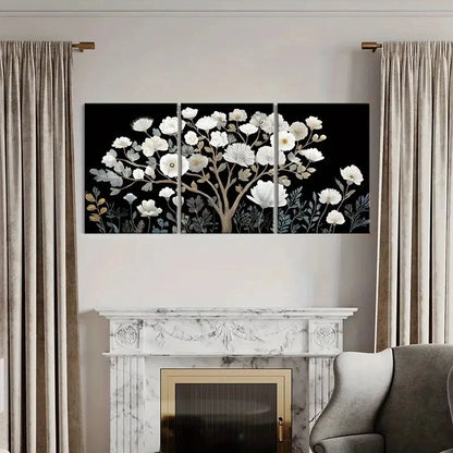3pcs White Floral Art Abstract Blossom Design Metal Print Ready to Hang Art