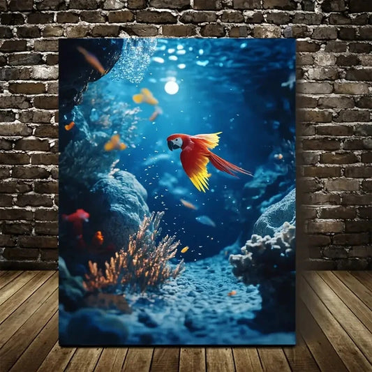 Vibrant Underwater Parrot Scene with Coral Reef 40x60cm Metal Print Ready to Hang