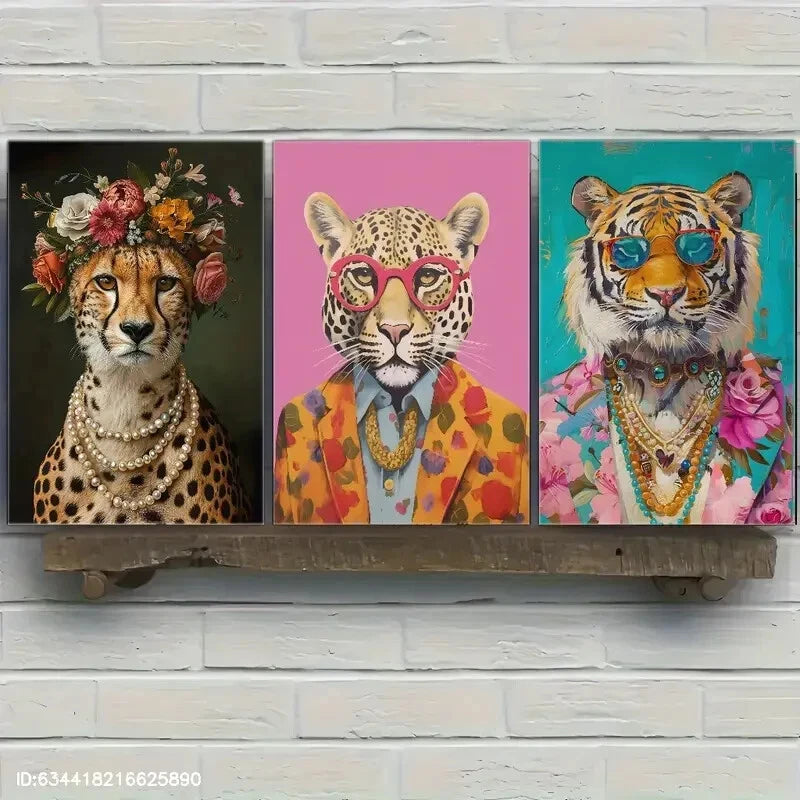 3pcs Cheetah Portrait Print Eclectic Cheetah Metal Print Ready to Hang Art