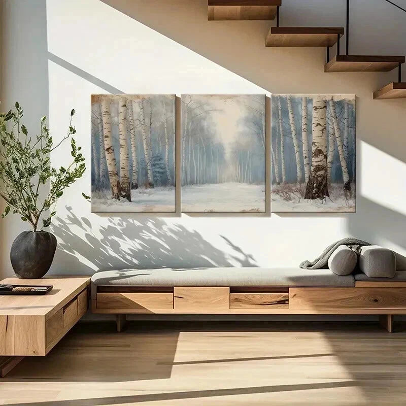 3pcs Winter Forest Birch Trees Snowy Path Wall Art Set Canvas Framed 40x60cm - High Quality Print 100% Australian Made Wall Canvas Ready to Hang