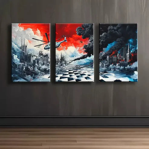 3pcs Urban helicopter Landscape Canvas Framed 60x90cm - High Quality Print 100% Australian Made Wall Canvas Ready to Hang