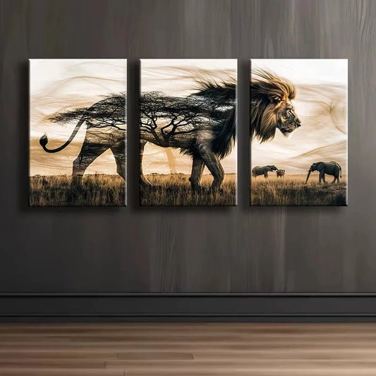 3pcs Male Lion Forest illustration Wall Art Set Canvas Framed 60x90cm - High Quality Print 100% Australian Made Wall Canvas Ready to Hang