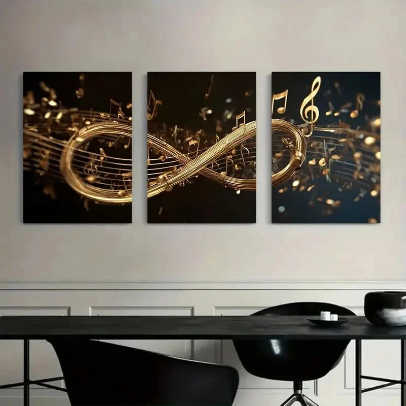 3pcs Golden Musical Notes Flowing Around Infinity Metal Print Ready to Hang Art