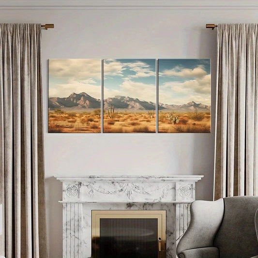 3pcs Vibrant Mountain Range & Cactus Scene Metal Print Ready to Hang Art