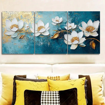 3pcs  White Flowers on Blue Background  Metal Print Ready to Hang Art