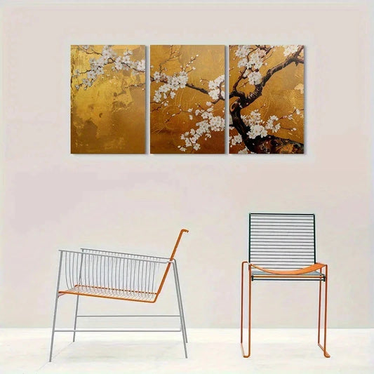 3pcs Golden White Cherry Blossom Metal Print Ready to Hang Art