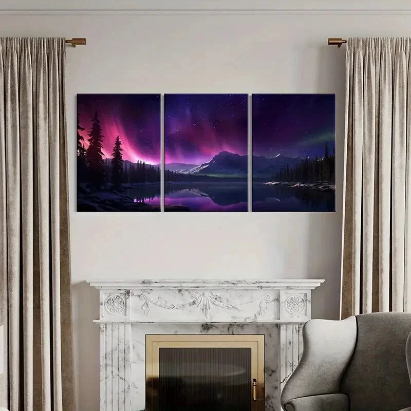3pcs Aurora Borealis Mountain Range Starry Sky Metal Print Ready to Hang Art