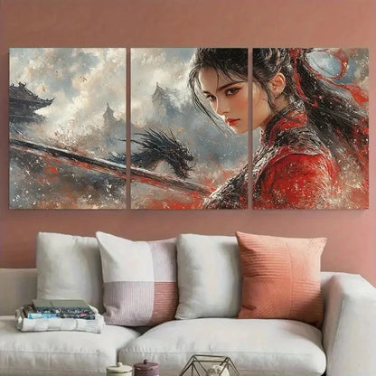 3pcs Asian Warrior Lady with Sword Dragon Fantasy Metal Print Ready to Hang Art